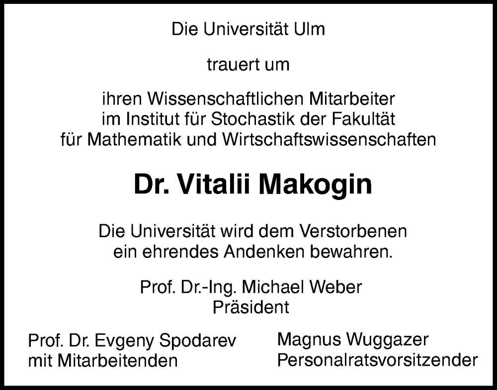  Traueranzeige für Vitalii Makogin vom 25.05.2024 aus SÜDWEST PRESSE Ausgabe Ulm/Neu-Ulm