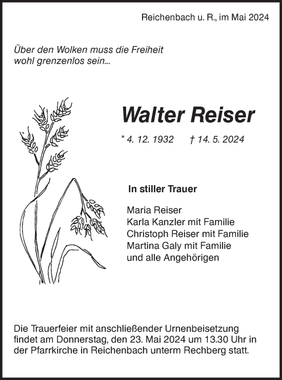 Traueranzeige von Walter Reiser von NWZ Neue Württembergische Zeitung