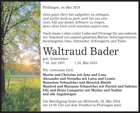 Traueranzeige von Waltraud Bader von Alb-Bote/Metzinger-Uracher Volksblatt
