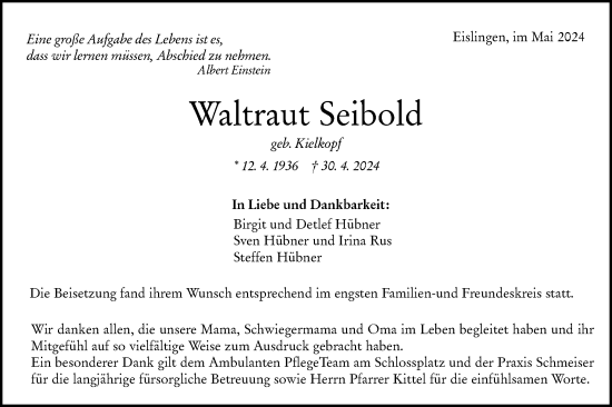 Traueranzeige von Waltraut Seibold von NWZ Neue Württembergische Zeitung