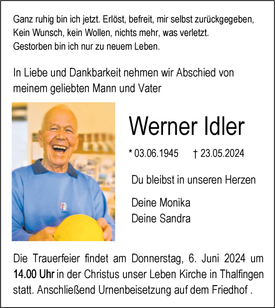 Traueranzeige von Werner Idler von SÜDWEST PRESSE Ausgabe Ulm/Neu-Ulm