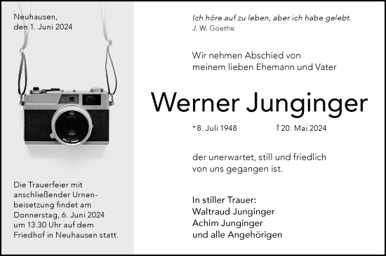 Traueranzeige von Werner Junginger von Alb-Bote/Metzinger-Uracher Volksblatt