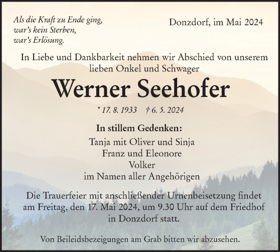 Traueranzeige von Werner Seehofer von NWZ Neue Württembergische Zeitung