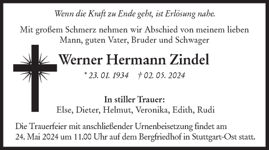 Traueranzeige von Werner Hermann Zindel von NWZ Neue Württembergische Zeitung