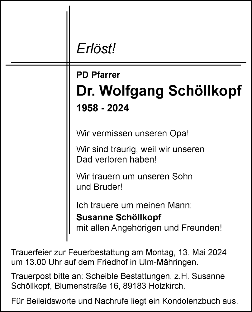  Traueranzeige für Wolfgang Schöllkopf vom 08.05.2024 aus SÜDWEST PRESSE Ausgabe Ulm/Neu-Ulm