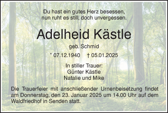 Traueranzeige von Adelheid Kästle von SÜDWEST PRESSE Ausgabe Ulm/Neu-Ulm/Neu-Ulmer Zeitung