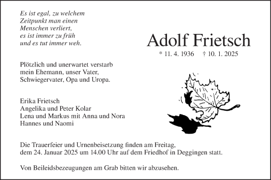 Traueranzeige von Adolf Frietsch von Geislinger Zeitung
