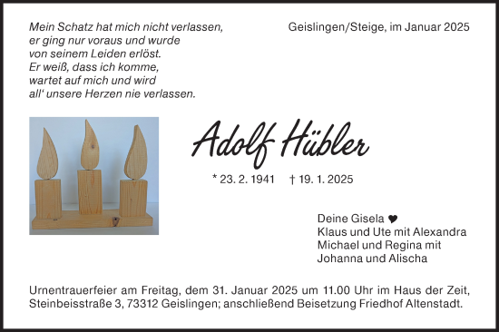 Traueranzeige von Adolf Hübler von Geislinger Zeitung