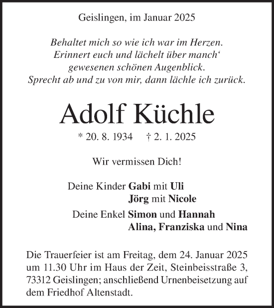 Traueranzeige von Adolf Küchle von Geislinger Zeitung