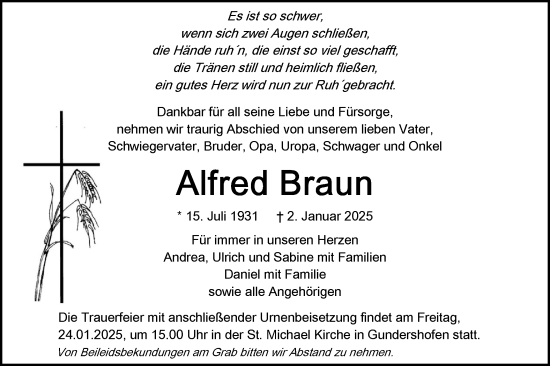 Traueranzeige von Alfred Braun von Ehinger Tagblatt