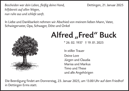 Traueranzeige von Alfred  Buck von Alb-Bote/Metzinger-Uracher Volksblatt