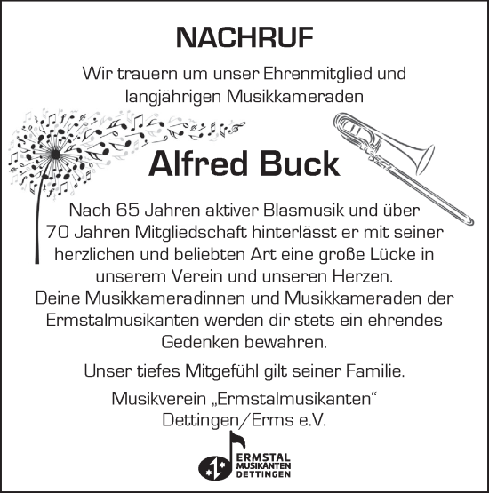 Traueranzeige von Alfred  Buck von Alb-Bote/Metzinger-Uracher Volksblatt