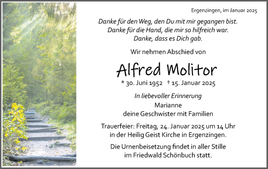 Traueranzeige von Alfred Molitor von Schwäbische Tagblatt