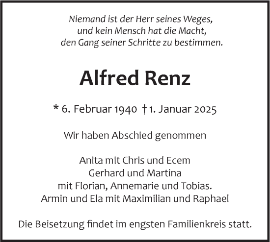 Traueranzeige von Alfred Renz von SÜDWEST PRESSE Ausgabe Ulm/Neu-Ulm