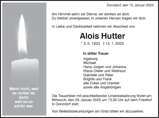 Traueranzeige von Alois Hutter von NWZ Neue Württembergische Zeitung/Geislinger Zeitung