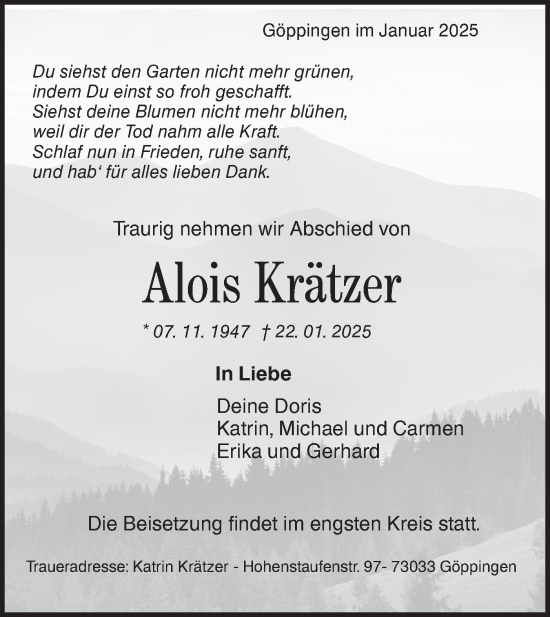 Traueranzeige von Alois Krätzer von NWZ Neue Württembergische Zeitung