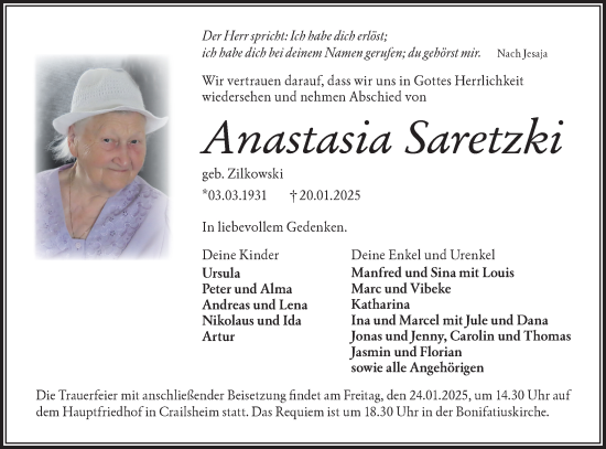 Traueranzeige von Anastasia Saretzki von Hohenloher Tagblatt