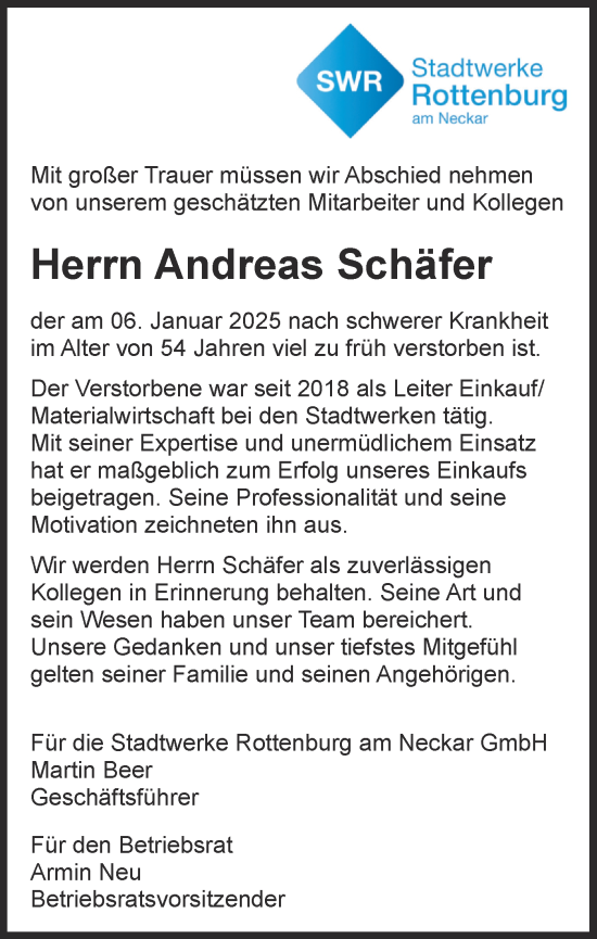 Traueranzeige von Andreas Schäfer von Schwäbische Tagblatt