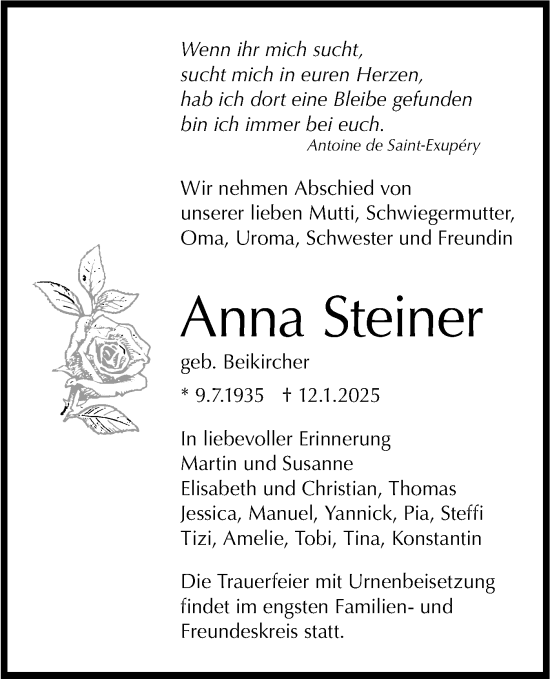 Traueranzeige von Anna Steiner von Schwäbische Tagblatt
