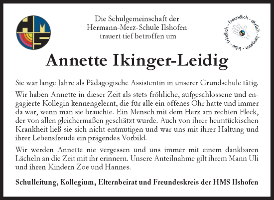 Traueranzeige von Annette Ikinger-Leidig von Haller Tagblatt