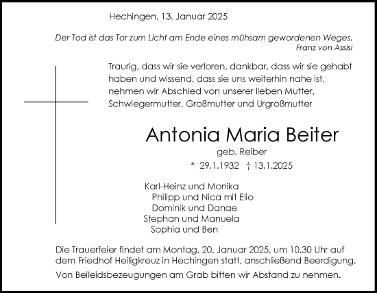 Traueranzeige von Antonia Maria Beiter von SÜDWEST PRESSE Zollernalbkreis/Hohenzollerische Zeitung