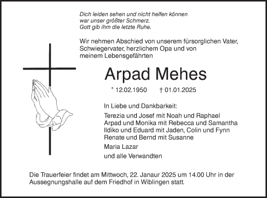 Traueranzeige von Arpad Mehes von SÜDWEST PRESSE Ausgabe Ulm/Neu-Ulm