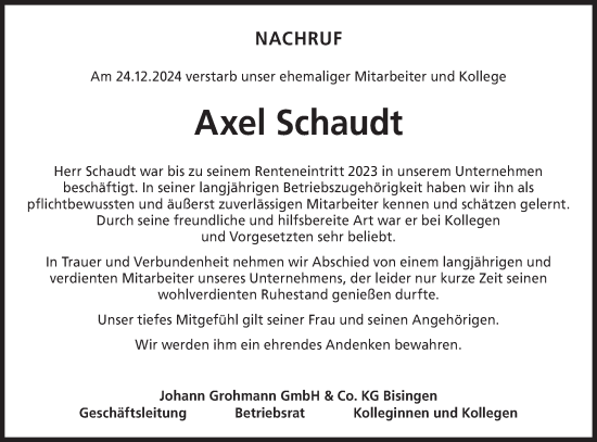 Traueranzeige von Axel Schaudt von SÜDWEST PRESSE Zollernalbkreis/Hohenzollerische Zeitung