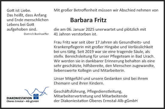 Traueranzeige von Barbara Fritz von Alb-Bote/Metzinger-Uracher Volksblatt