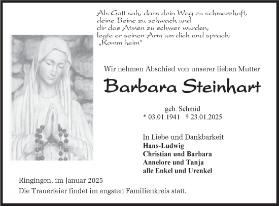 Traueranzeige von Barbara Steinhart von SÜDWEST PRESSE Zollernalbkreis/Hohenzollerische Zeitung