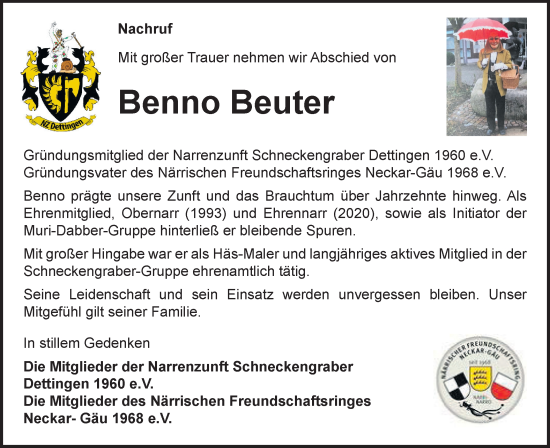 Traueranzeige von Benno Beuter von Neckar-Chronik