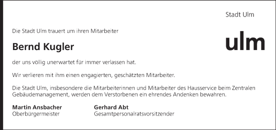 Traueranzeige von Bernd Kugler von SÜDWEST PRESSE Ausgabe Ulm/Neu-Ulm