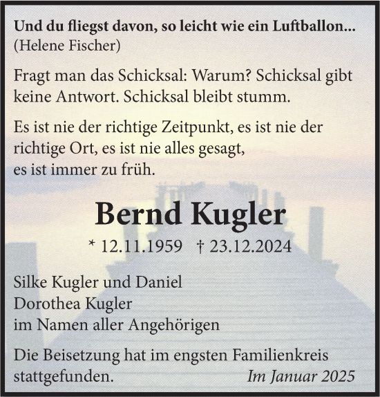 Traueranzeige von Bernd Kugler von SÜDWEST PRESSE Ausgabe Ulm/Neu-Ulm