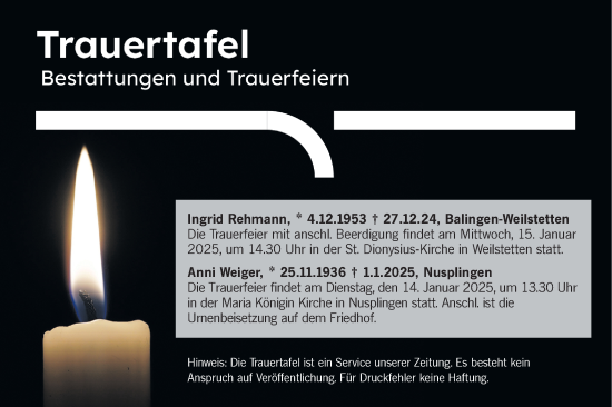 Traueranzeige von Bestattungen vom 11.01.2025 von SÜDWEST PRESSE Zollernalbkreis/Hohenzollerische Zeitung