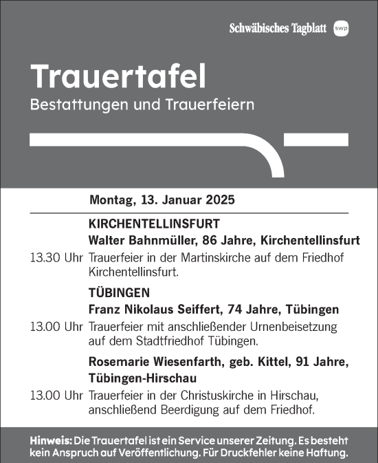 Traueranzeige von Bestattungen vom 13.01.2025 von Schwäbische Tagblatt