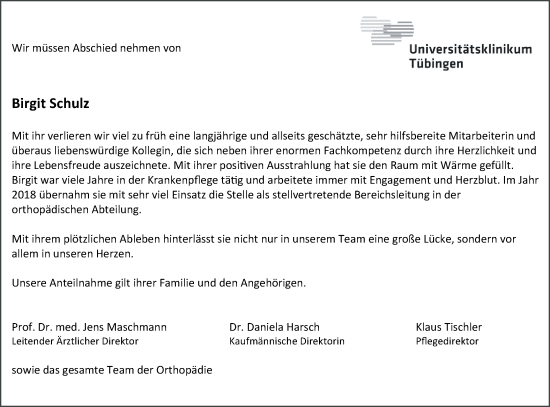 Traueranzeige von Birgit Schulz von SÜDWEST PRESSE Zollernalbkreis/Hohenzollerische Zeitung/Schwäbische Tagblatt