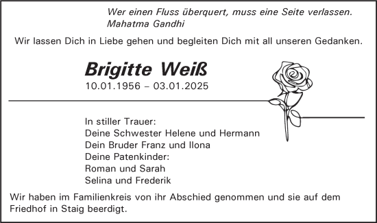 Traueranzeige von Brigitte Weiß von SÜDWEST PRESSE Ausgabe Ulm/Neu-Ulm