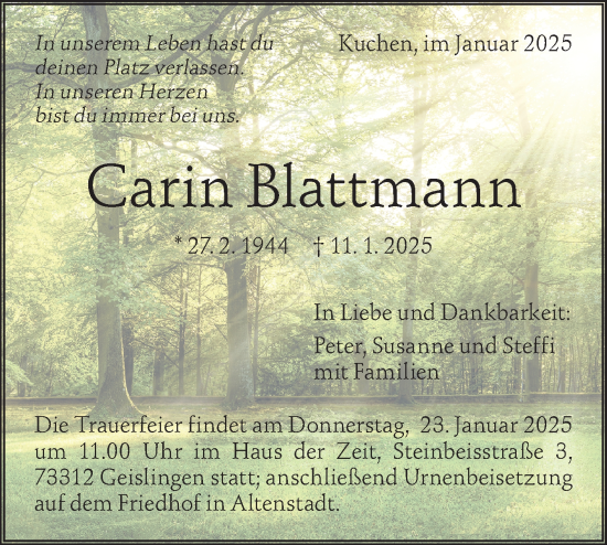 Traueranzeige von Carin Blattmann von Geislinger Zeitung