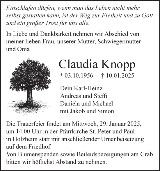 Traueranzeige von Claudia Knopp von SÜDWEST PRESSE Ausgabe Ulm/Neu-Ulm/Neu-Ulmer Zeitung