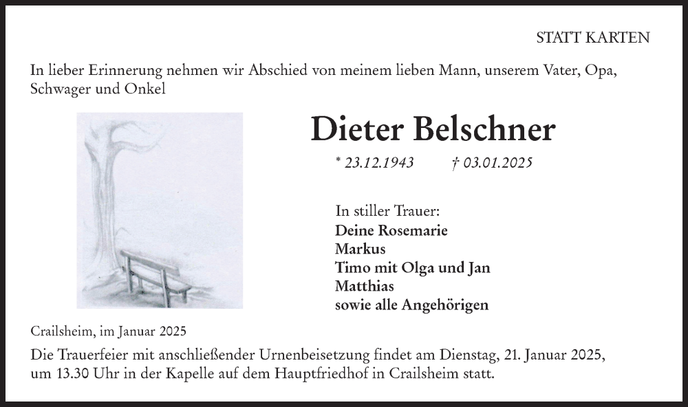  Traueranzeige für Dieter Belschner vom 16.01.2025 aus Hohenloher Tagblatt