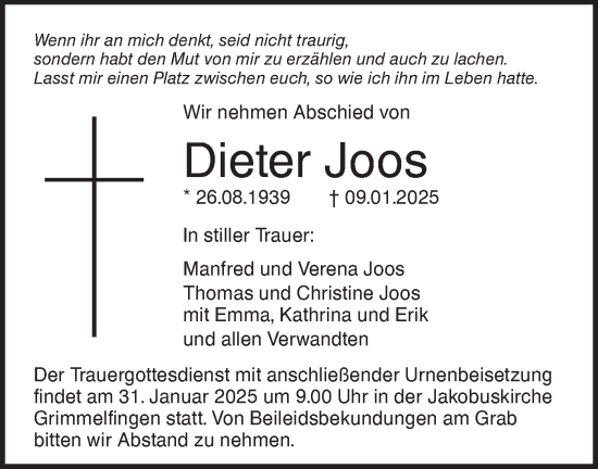 Traueranzeige von Dieter Joos von SÜDWEST PRESSE Ausgabe Ulm/Neu-Ulm