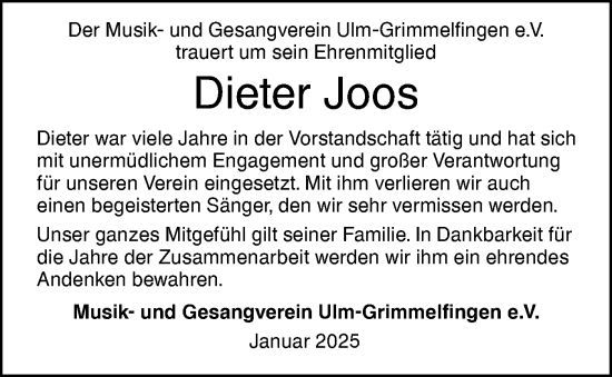 Traueranzeige von Dieter Joos von SÜDWEST PRESSE Ausgabe Ulm/Neu-Ulm
