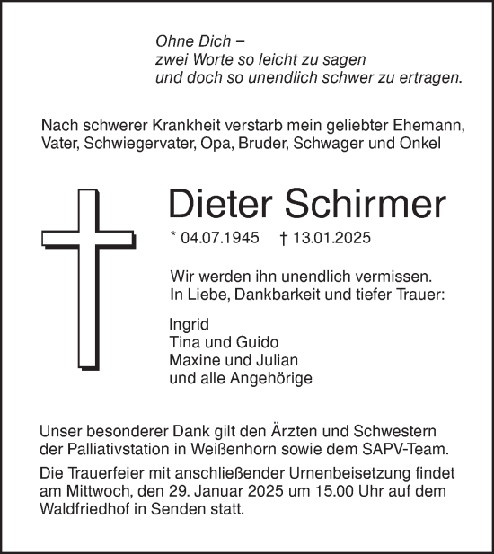 Traueranzeige von Dieter Schirmer von SÜDWEST PRESSE Ausgabe Ulm/Neu-Ulm/Neu-Ulmer Zeitung