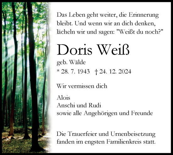 Traueranzeige von Doris Weiß von Schwäbische Tagblatt