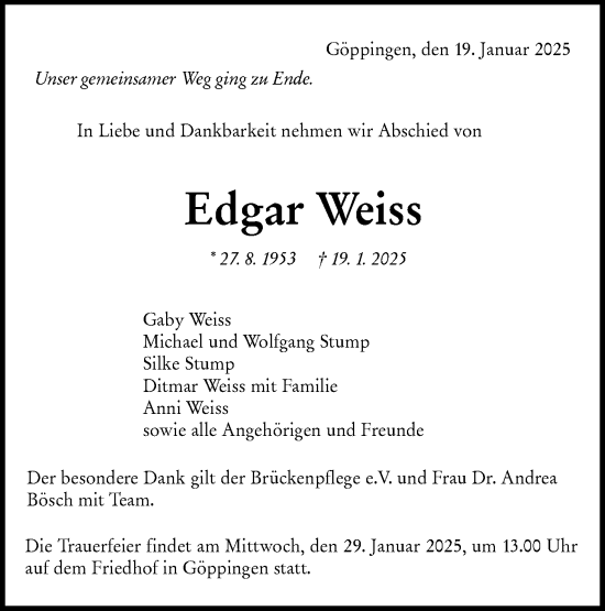 Traueranzeige von Edgar Weiss von NWZ Neue Württembergische Zeitung
