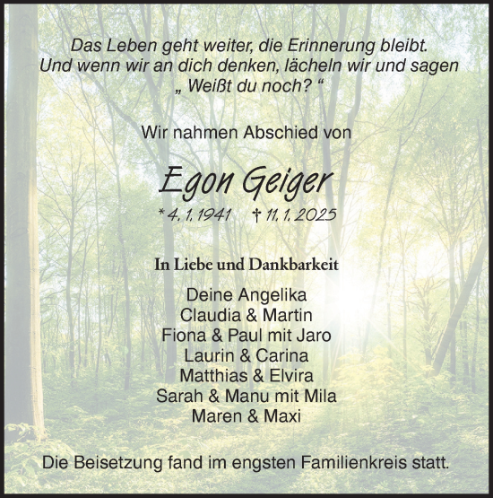 Traueranzeige von Egon Geiger von NWZ Neue Württembergische Zeitung