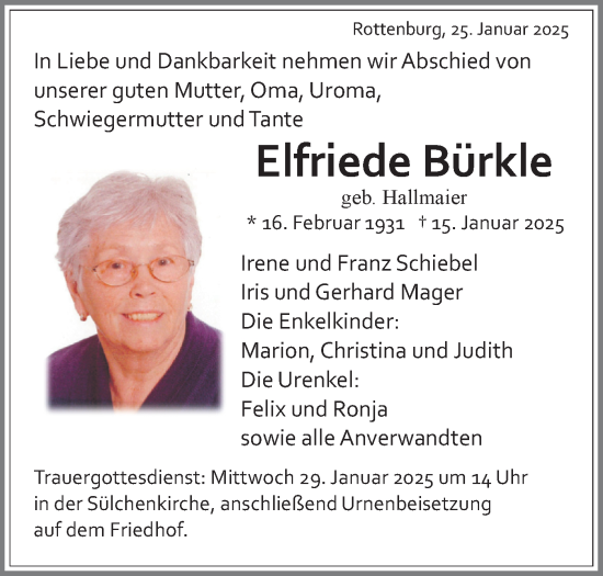 Traueranzeige von Elfriede Bürkle von Schwäbische Tagblatt