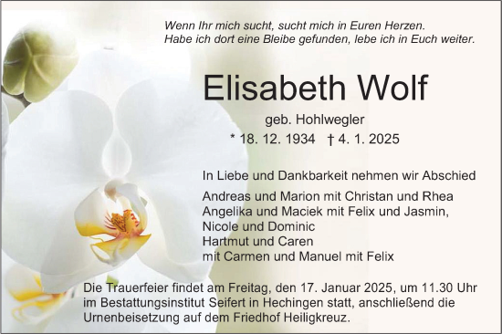 Traueranzeige von Elisabeth Wolf von SÜDWEST PRESSE Zollernalbkreis/Hohenzollerische Zeitung