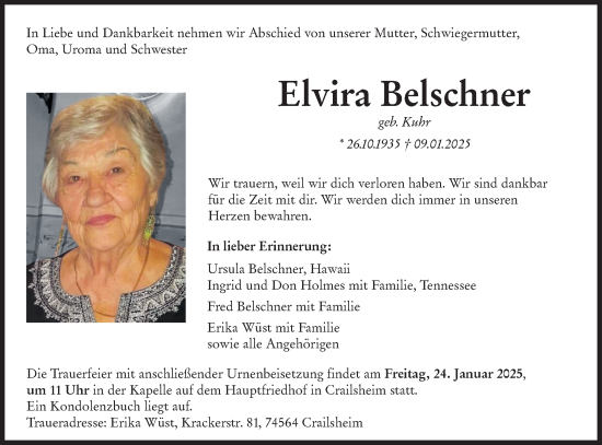 Traueranzeige von Elvira Belschner von Hohenloher Tagblatt