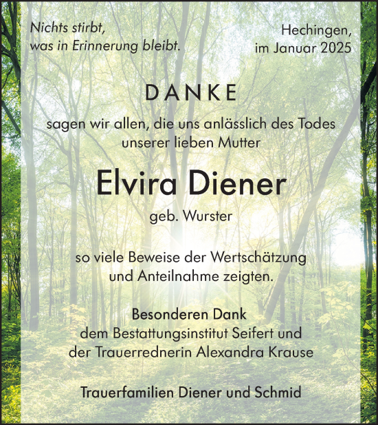 Traueranzeige von Elvira Diener von SÜDWEST PRESSE Zollernalbkreis/Hohenzollerische Zeitung
