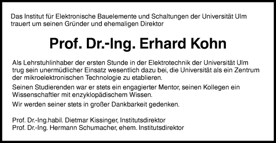 Traueranzeige von Erhard Kohn von SÜDWEST PRESSE Ausgabe Ulm/Neu-Ulm